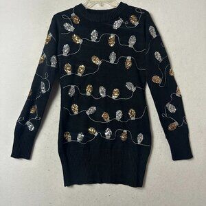 Tipsy Elves CHRISTMAS LIGHT STRAND SEQUIN SWEATER DRESS - Size Small black gold